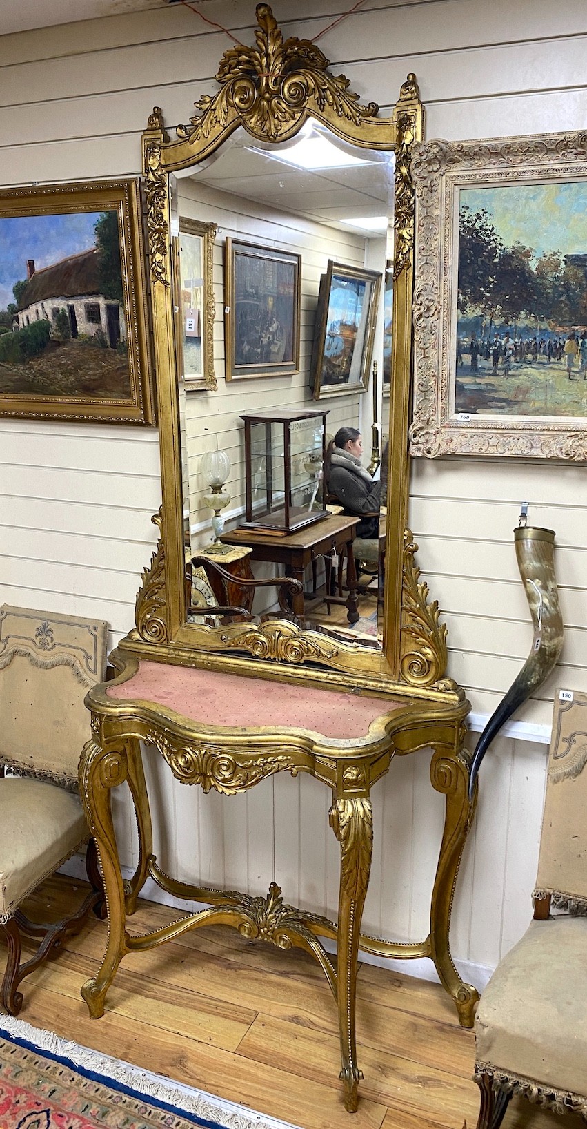 A Victorian carved giltwood and composition pier table and mirror, width 108cm, depth 46cm, height 256cm